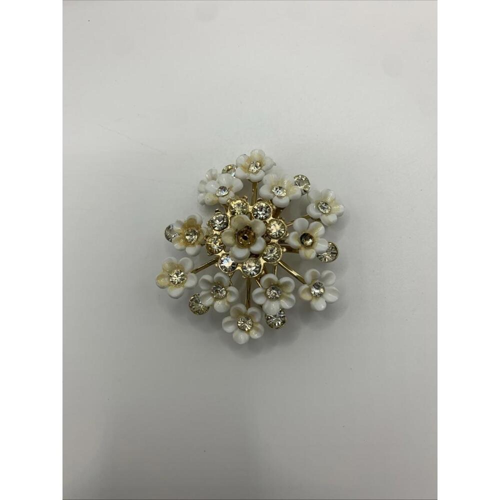 Vintage Coro Brooch White Flowers Rhinestones Floral Bouquet Gold Tone *READ*